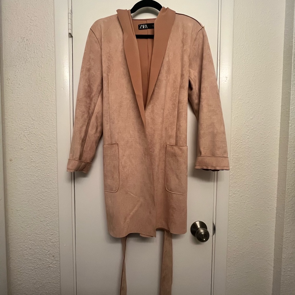 Zara Faux Suede Coat Hooded Medium Dusty Pink Trench Pockets